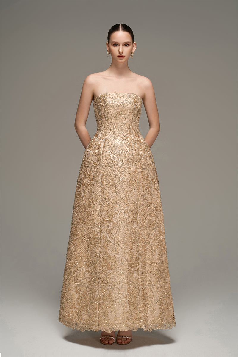 BUSTIER LACE MAXI DRESS IN BEIGE