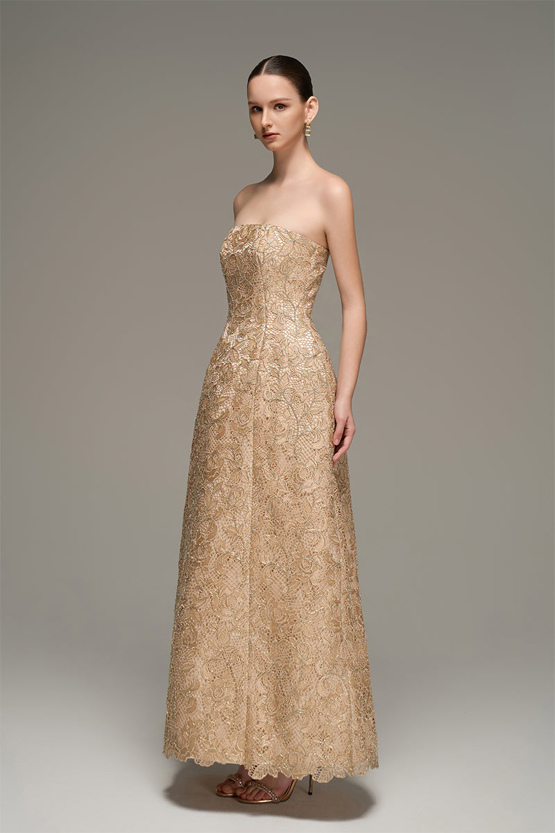 BUSTIER LACE MAXI DRESS IN BEIGE