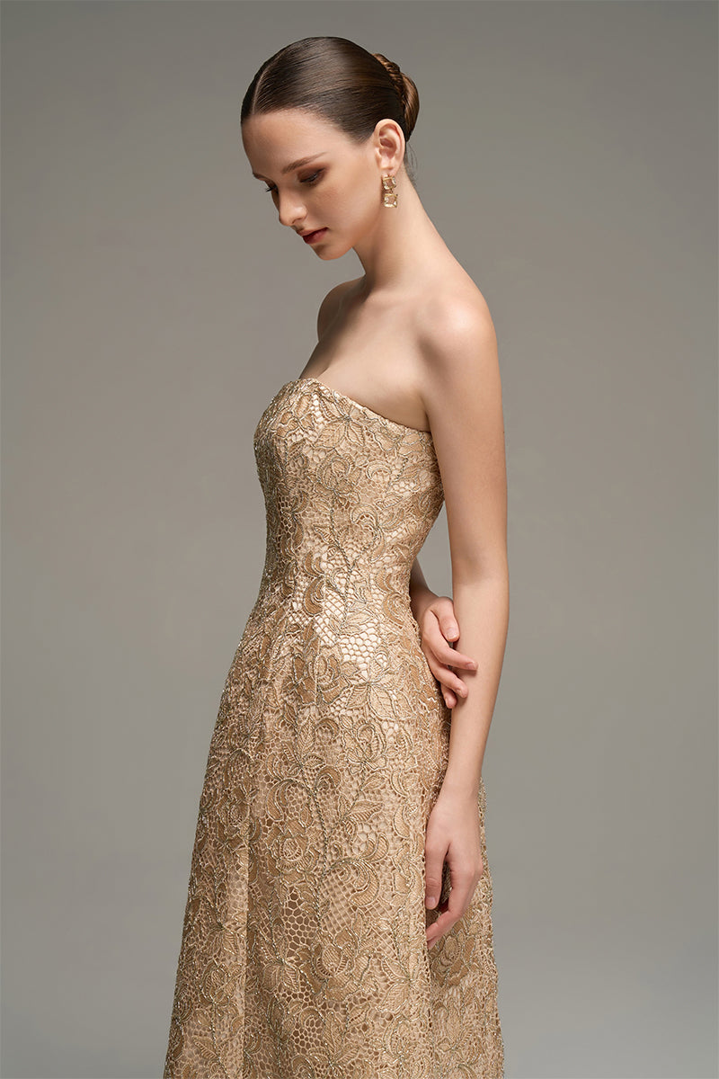 BUSTIER LACE MAXI DRESS IN BEIGE
