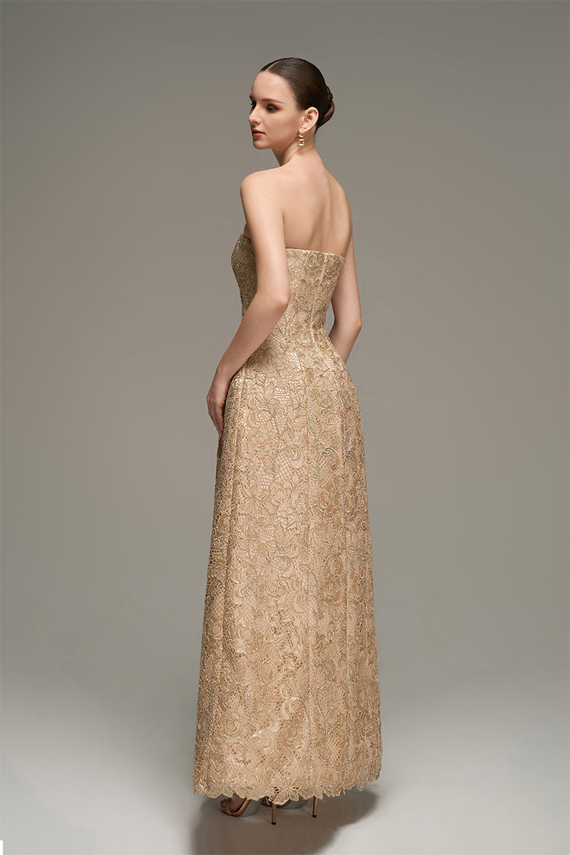 BUSTIER LACE MAXI DRESS IN BEIGE