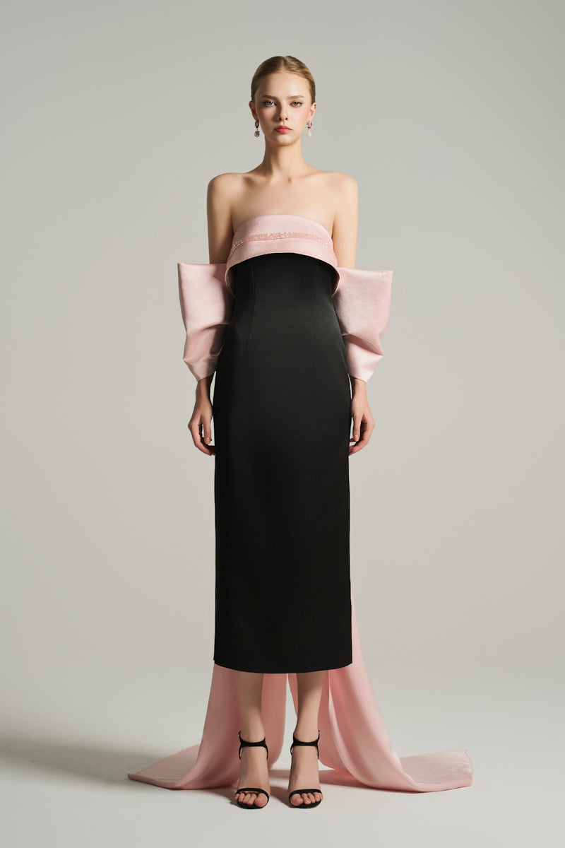 BUSTIER MIDI DRESS IN BLACK AND LIGHT PINK