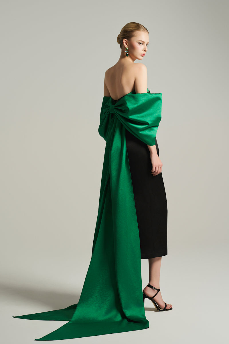 BUSTIER MIDI DRESS IN BLACK AND EMERALD