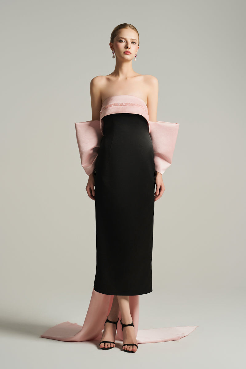 BUSTIER MIDI DRESS IN BLACK AND LIGHT PINK