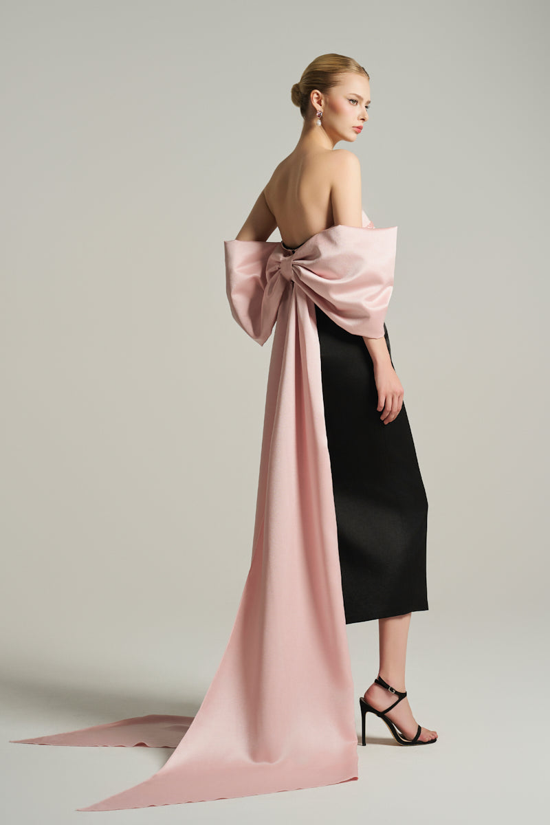 BUSTIER MIDI DRESS IN BLACK AND LIGHT PINK