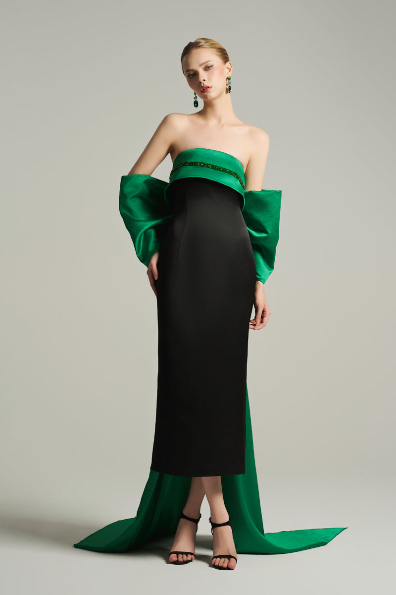 BUSTIER MIDI DRESS IN BLACK AND EMERALD
