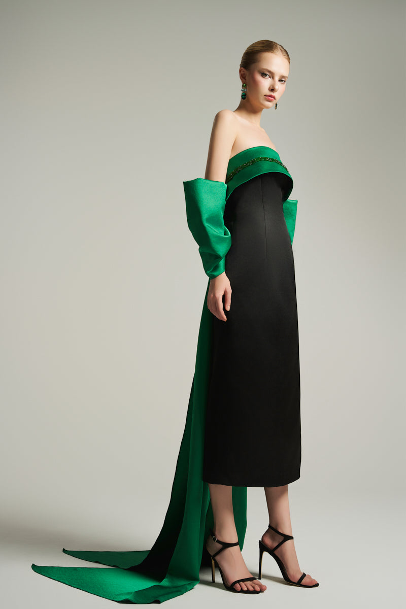 BUSTIER MIDI DRESS IN BLACK AND EMERALD