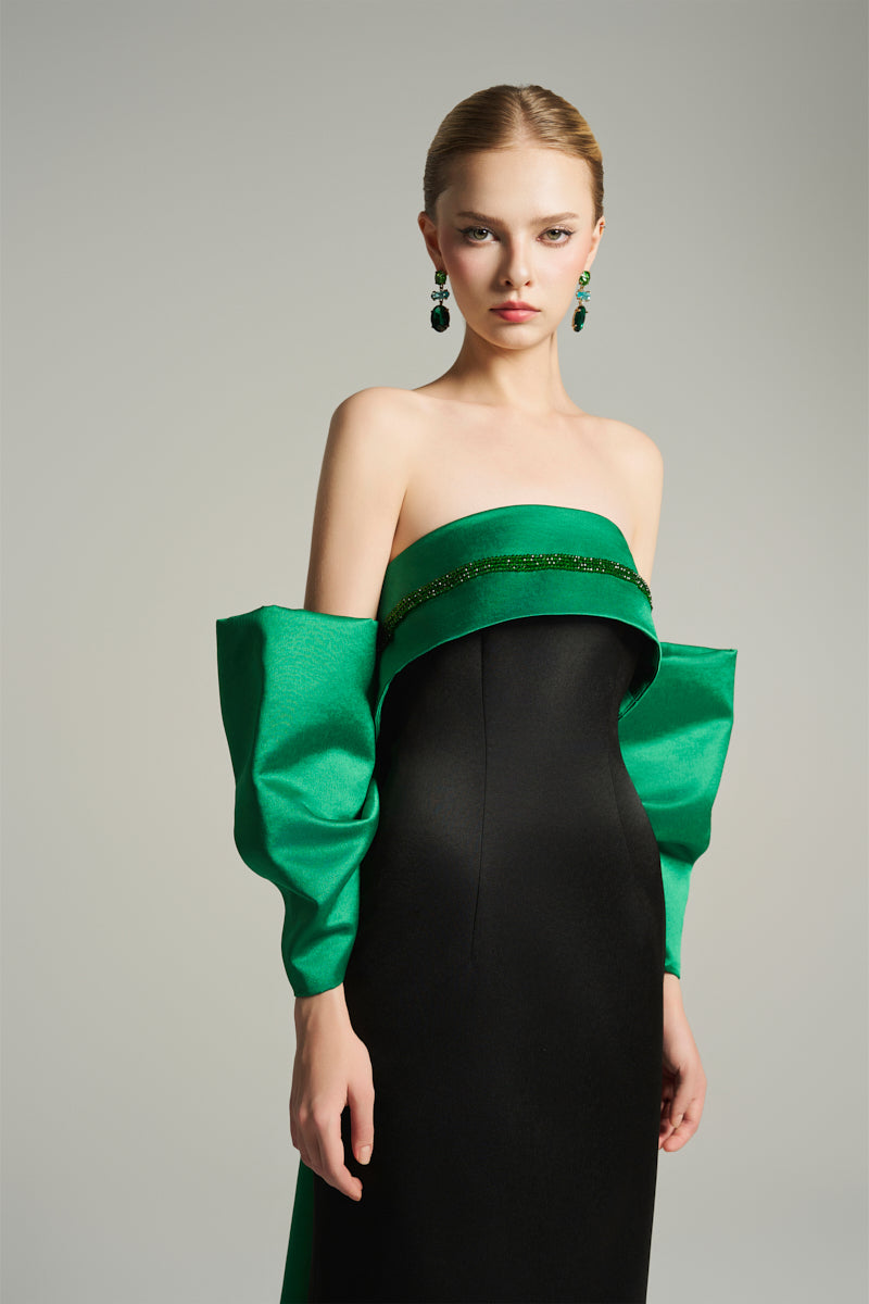 BUSTIER MIDI DRESS IN BLACK AND EMERALD