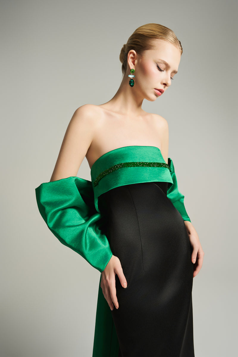 BUSTIER MIDI DRESS IN BLACK AND EMERALD