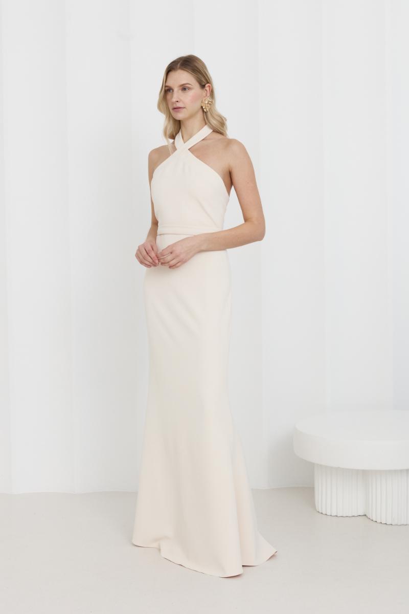 GISEL CREAM OFF-SHOULDER LONG EVENING DRESS