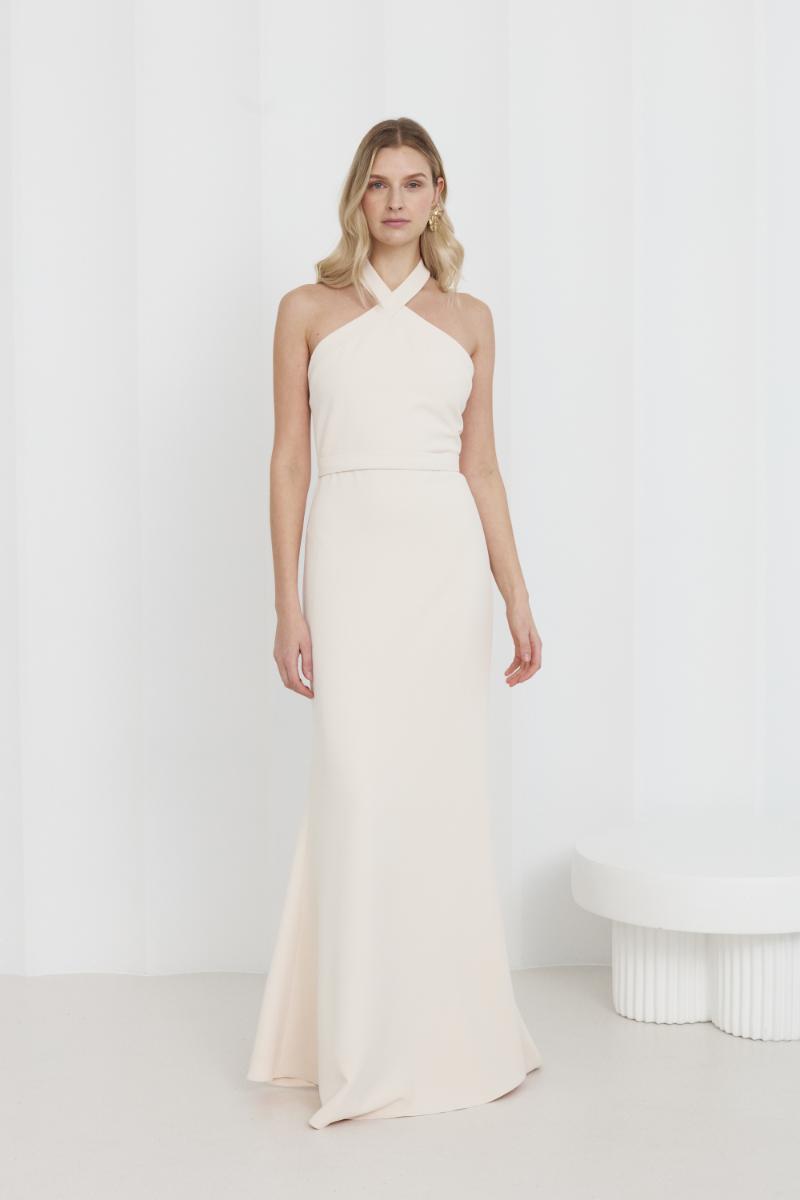 GISEL CREAM OFF-SHOULDER LONG EVENING DRESS