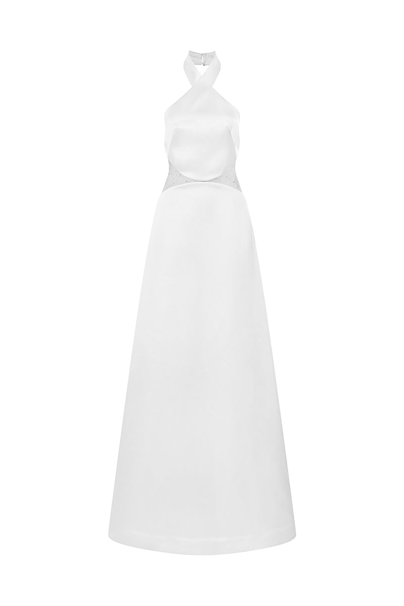 HALTERNECK A-LINE DRESS WITH CUTOUT MIDWAIST