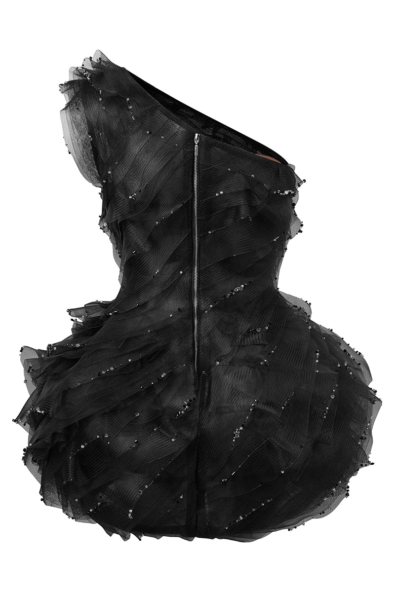 ASYMMETRIC BALLOON BUSTIER DRESS IN BLACK
