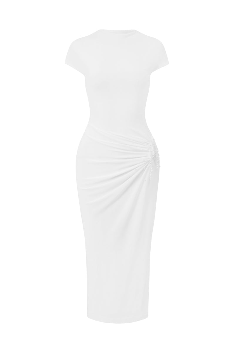 IVORY RUCHE WHITE MIDI DRESS