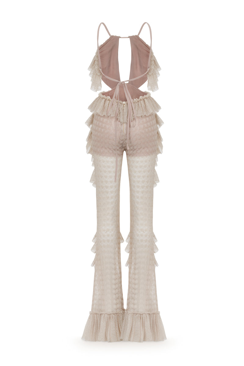 ECRU CUT-OUT DETAILED OPEN KNIT RUFFLE JUMPSUIT