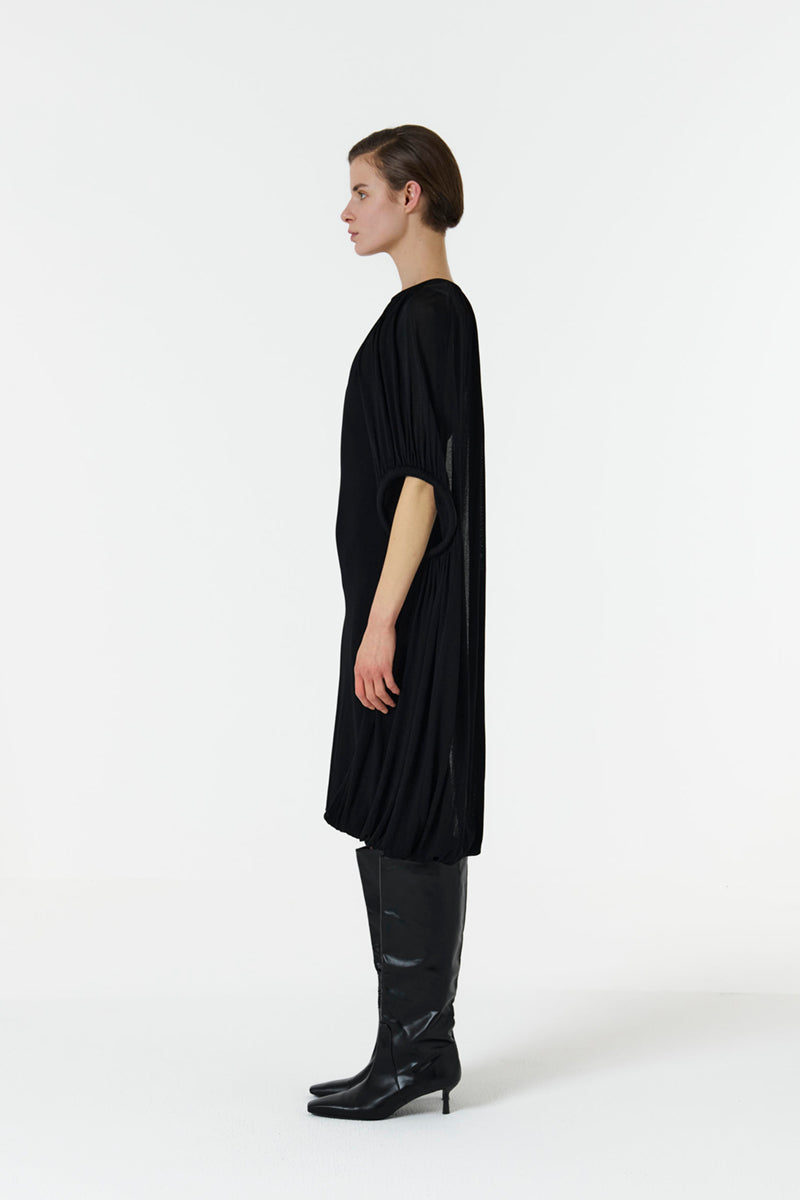 ASYMMETRIC SHOULDER HOOP KNIT DRESS IN BLACK