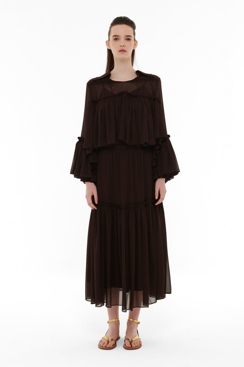 TIERED CHIFFON SKIRT IN DARK BROWN