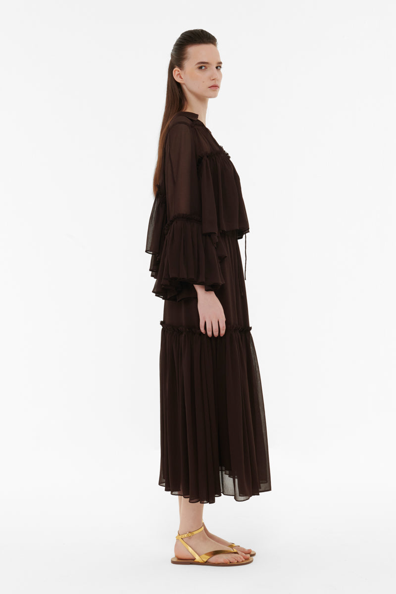TIERED CHIFFON SKIRT IN DARK BROWN