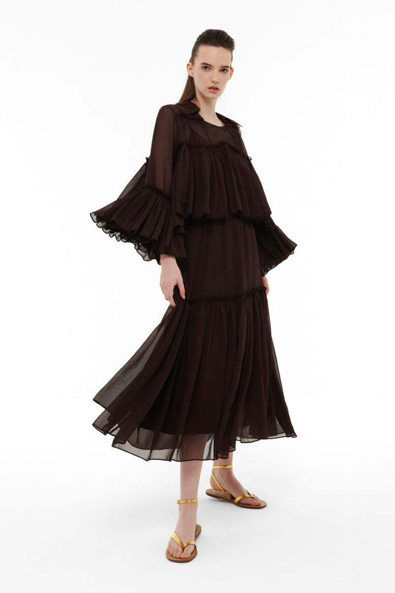 TIERED CHIFFON SKIRT IN DARK BROWN
