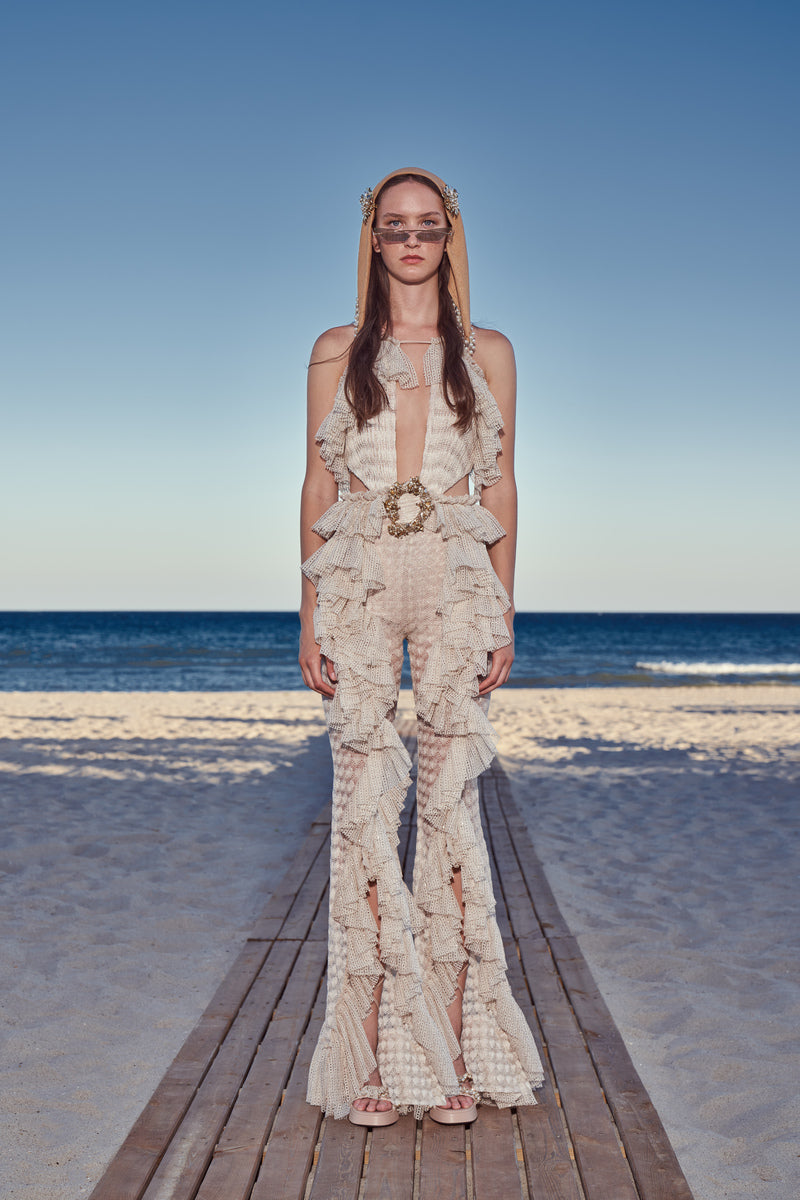 ECRU CUT-OUT DETAILED OPEN KNIT RUFFLE JUMPSUIT