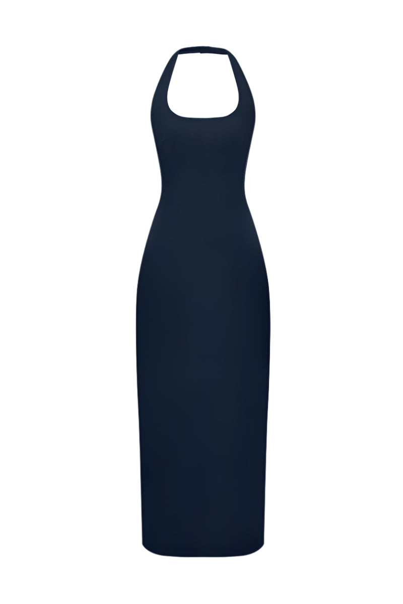 HALTER NECK TWO SIDED LEATHER DRESS IN NAVY-BLUE
