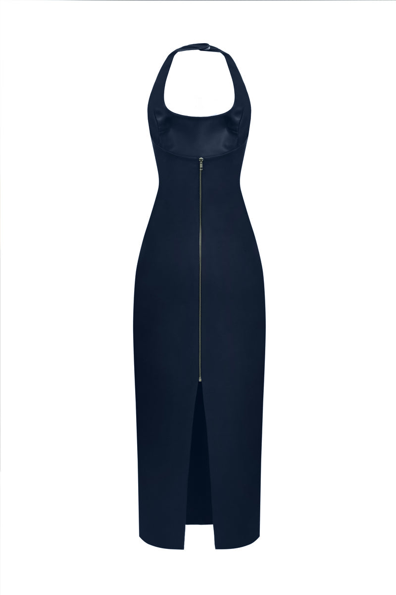 HALTER NECK TWO SIDED LEATHER DRESS IN NAVY-BLUE