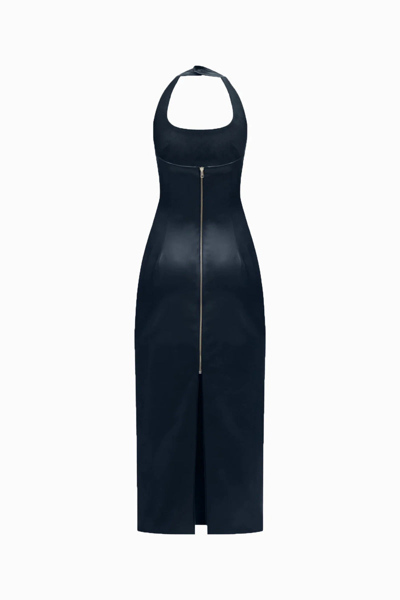 HALTER NECK TWO SIDED LEATHER DRESS IN NAVY-BLUE