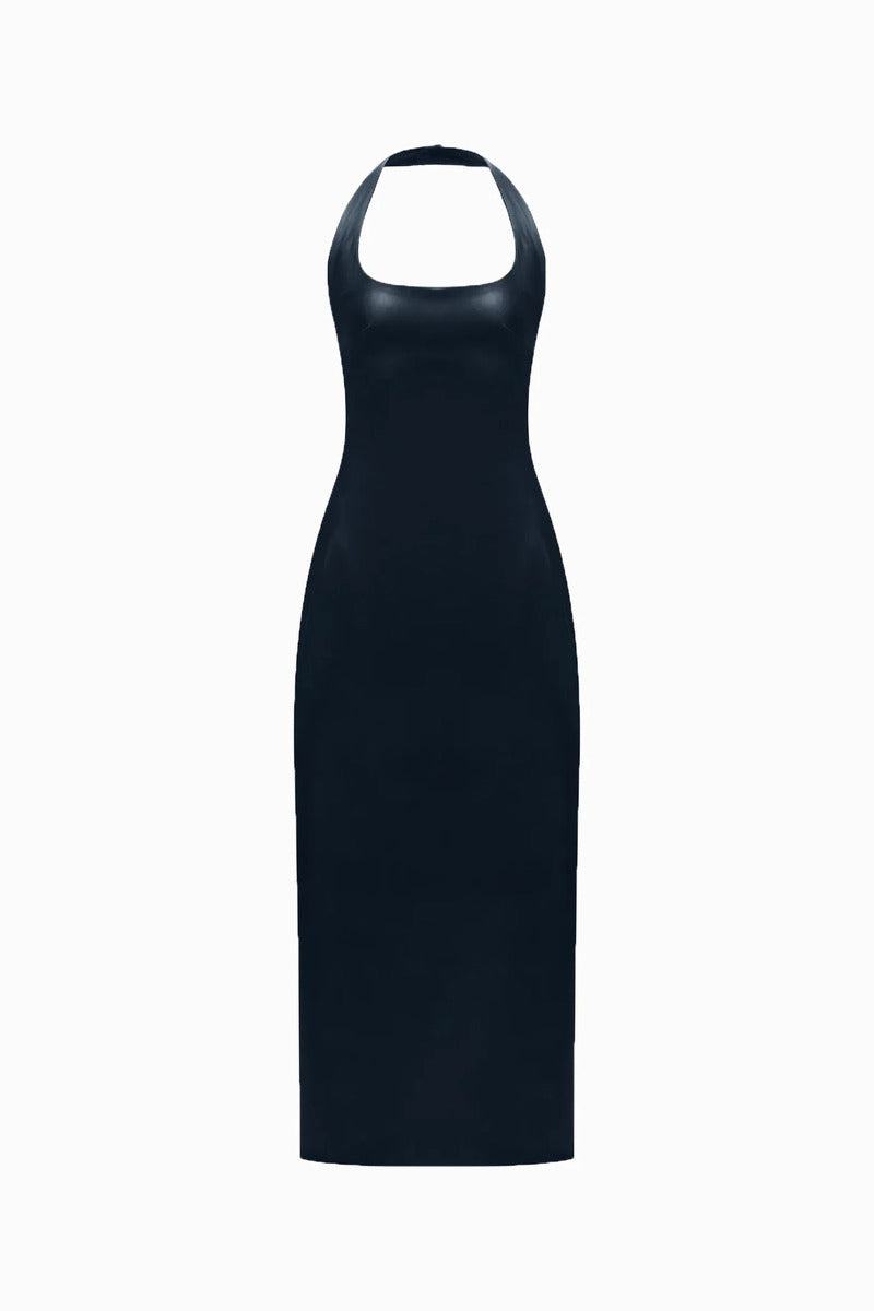HALTER NECK TWO SIDED LEATHER DRESS IN NAVY-BLUE