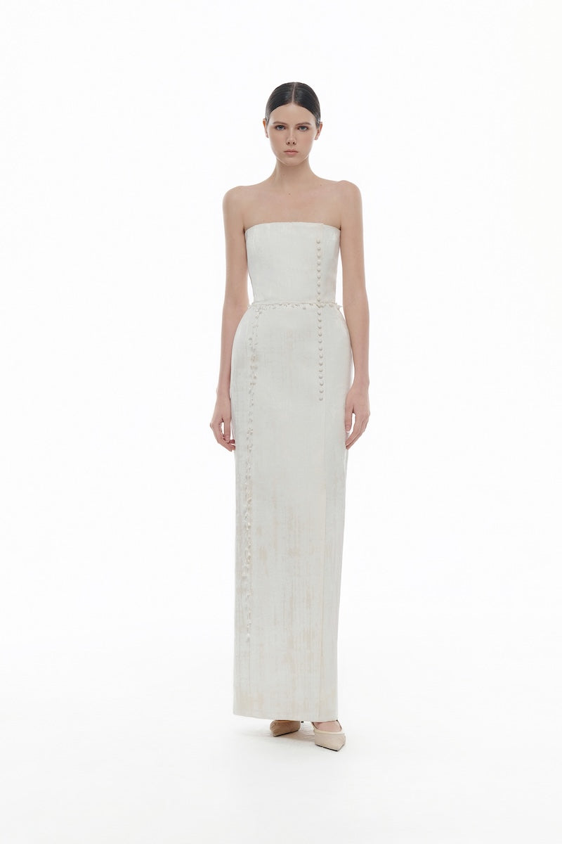 IVORY BROCADE STRAPLESS DRESS