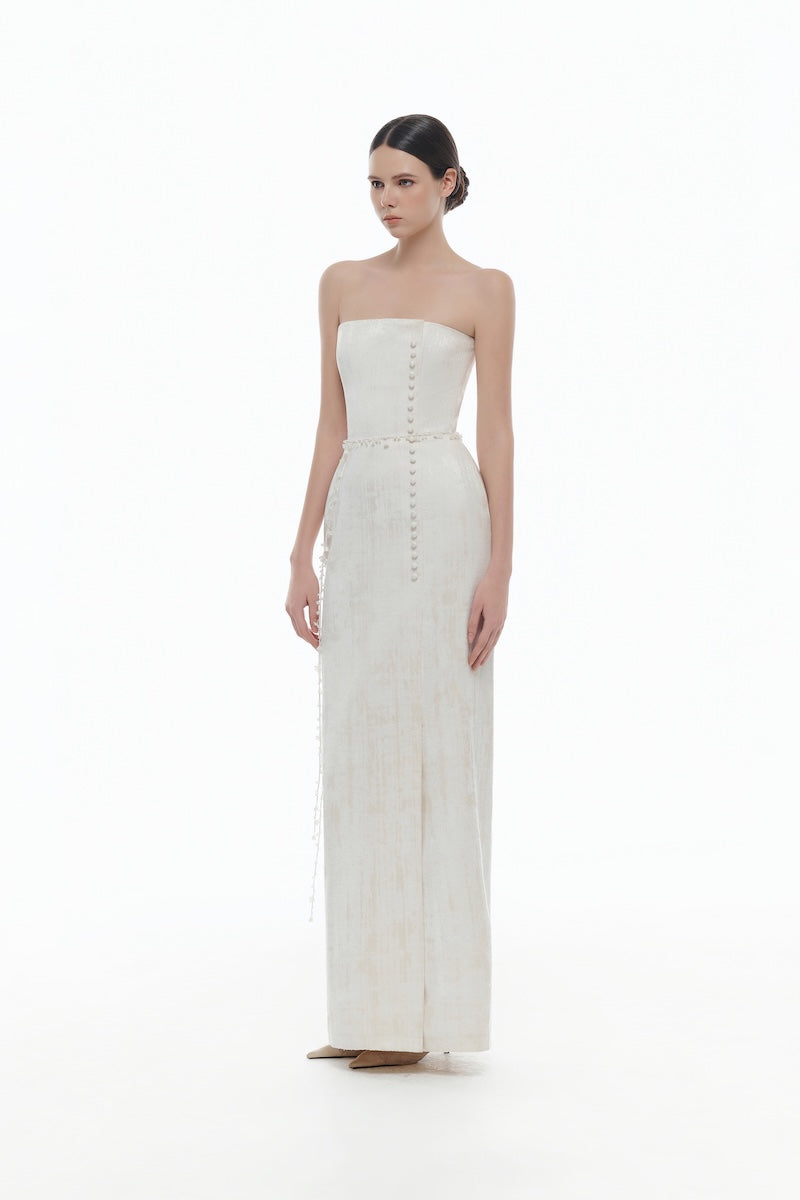 IVORY BROCADE STRAPLESS DRESS