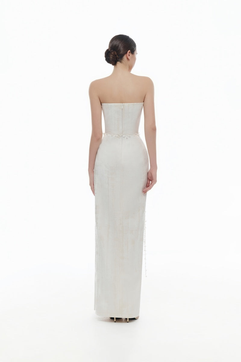 IVORY BROCADE STRAPLESS DRESS