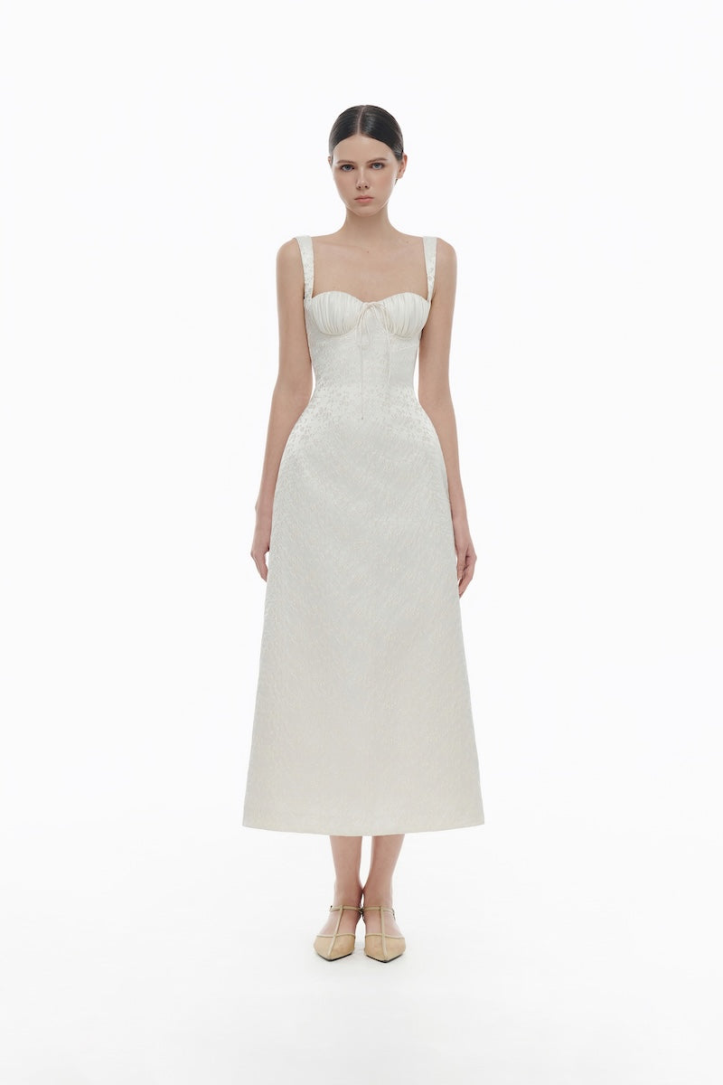 IVORY FLORAL BUSTIER MIDI DRESS