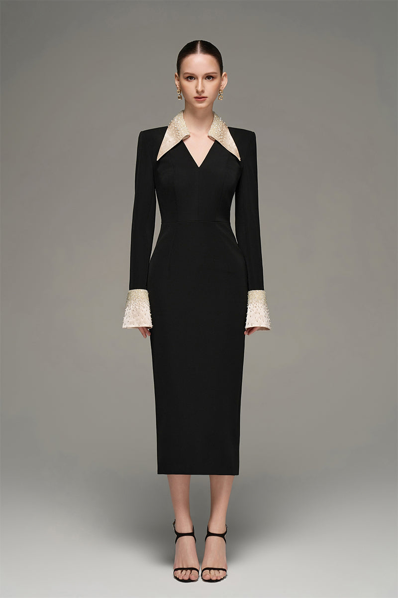 V-NECK FLARED CUFF KNEE LENGTH DRESS IN BLACK AND BEIGE