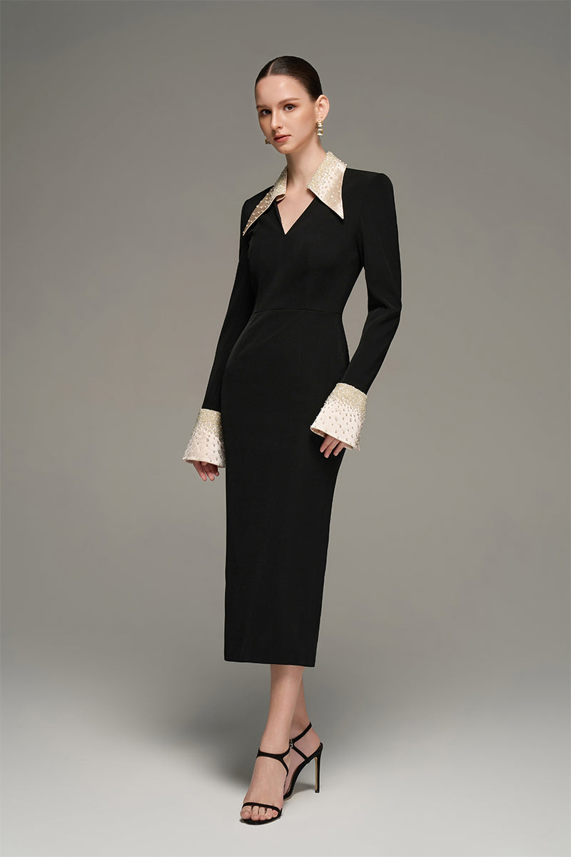 V-NECK FLARED CUFF KNEE LENGTH DRESS IN BLACK AND BEIGE