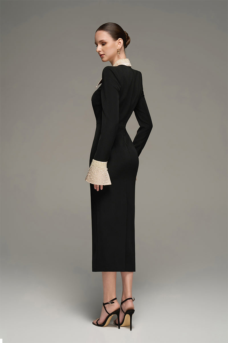V-NECK FLARED CUFF KNEE LENGTH DRESS IN BLACK AND BEIGE