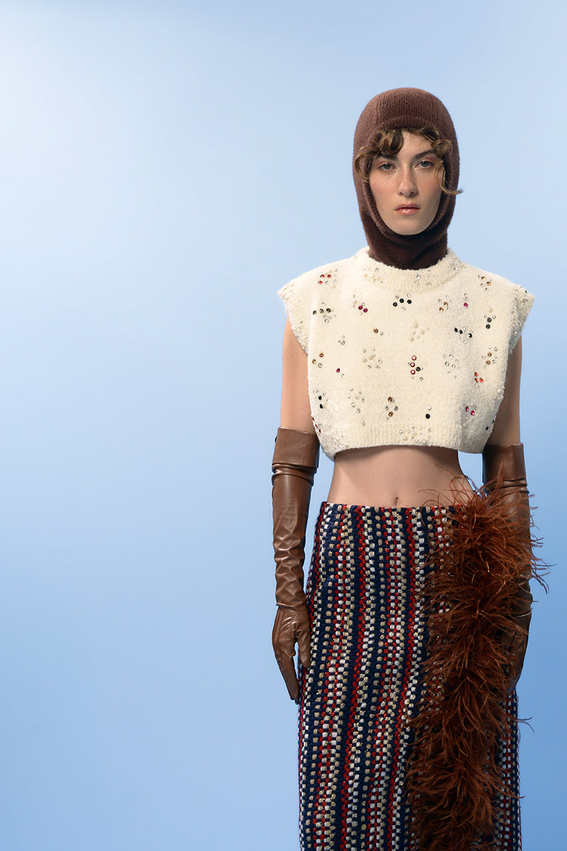 BROWN CHECKED WOOL AND FEATHER SKIRT
