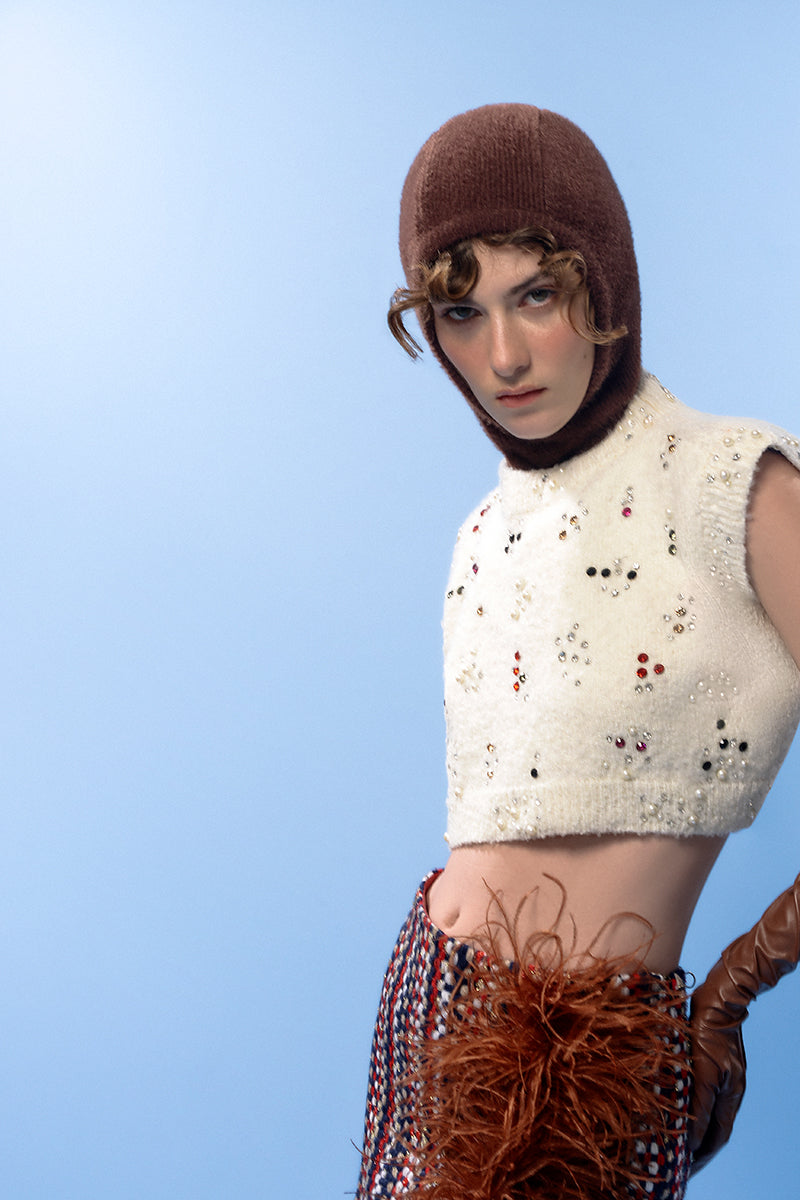 BROWN CHECKED WOOL AND FEATHER SKIRT