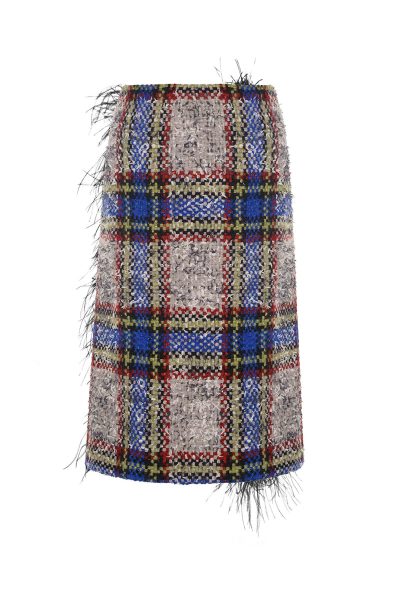 BEIGE AND BLUE CHECKED WOOL AND FEATHER SKIRT