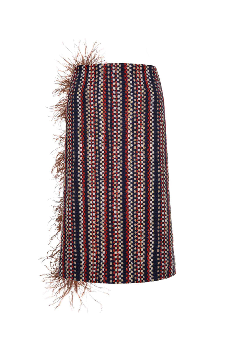 BROWN CHECKED WOOL AND FEATHER SKIRT