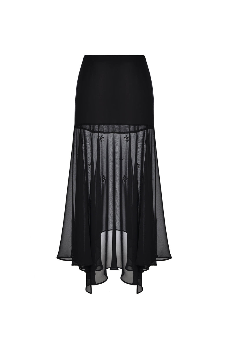 BLACK SHEER SILK LAYERED MAXI SKIRT