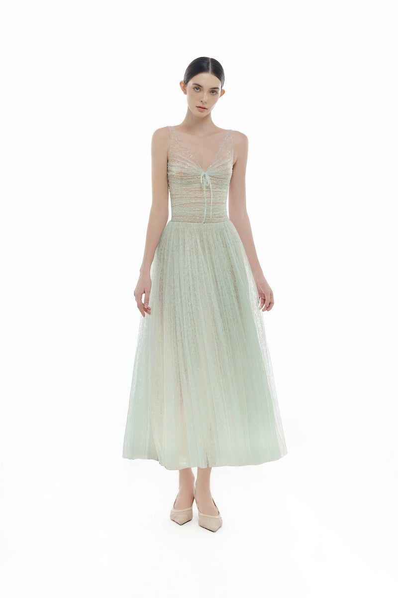 MINT V-NECK DRAPED MIDI DRESS
