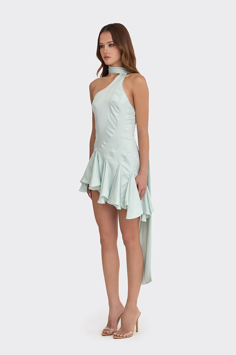 MS. GODET ASYMMETRIC DRESS IN GREEN