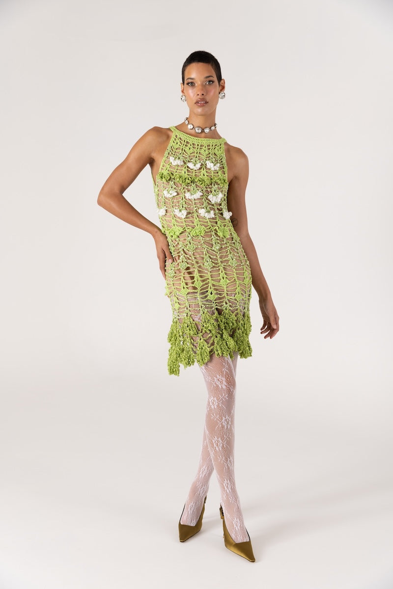 CHRYSANTHEMUM MINI GREEN HANDMADE CROCHET DRESS