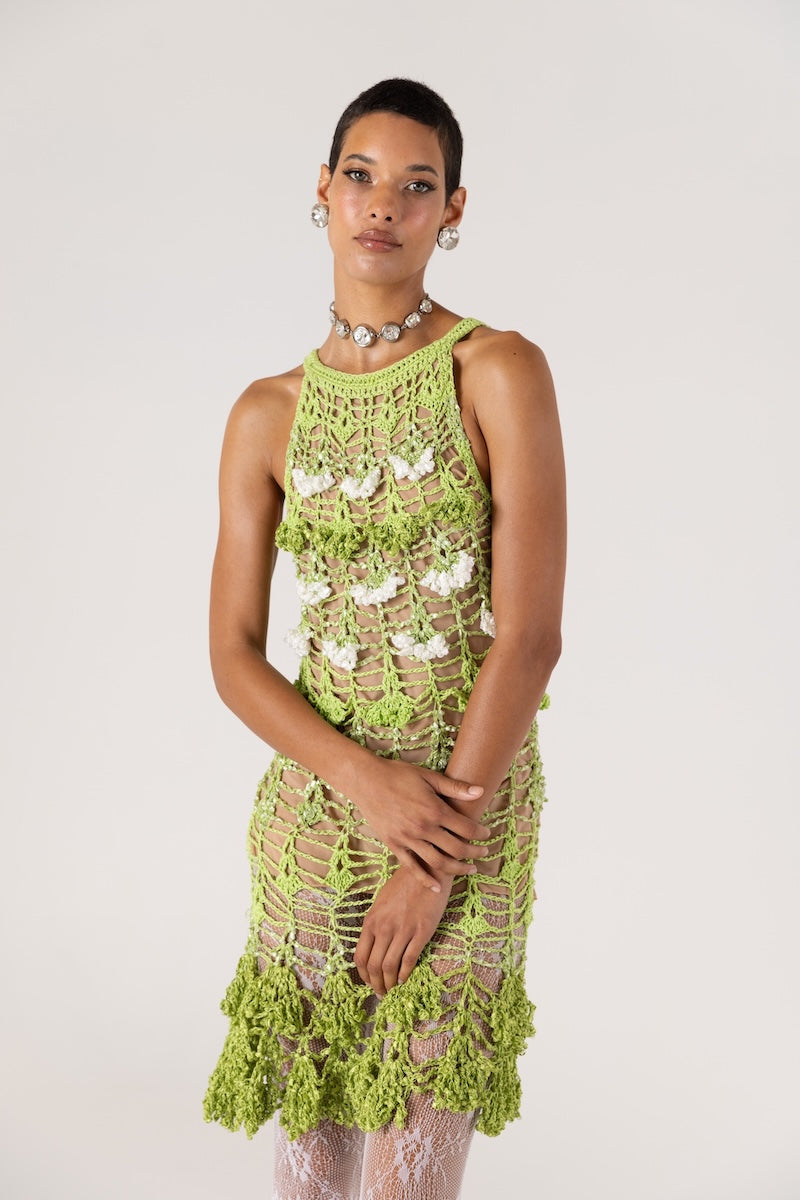 CHRYSANTHEMUM MINI GREEN HANDMADE CROCHET DRESS