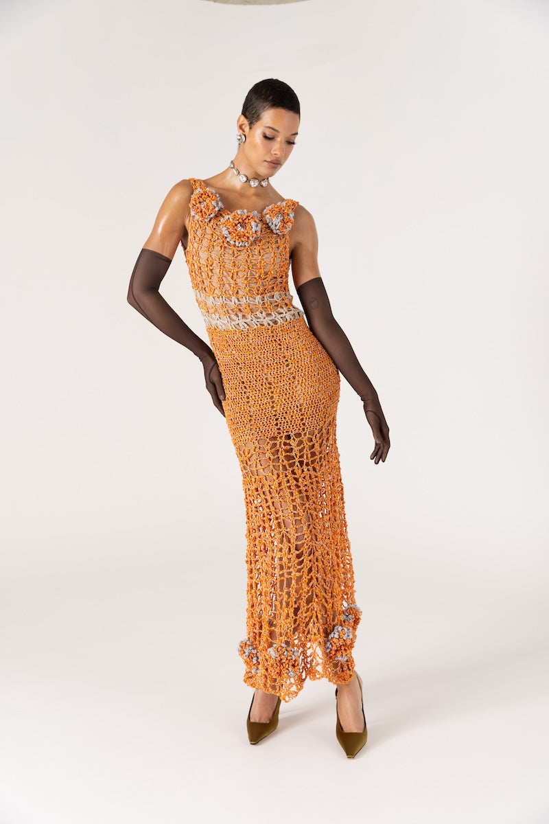 ORANGE CHRYSANTHEMUM HANDMADE MAXI CROCHET DRESS