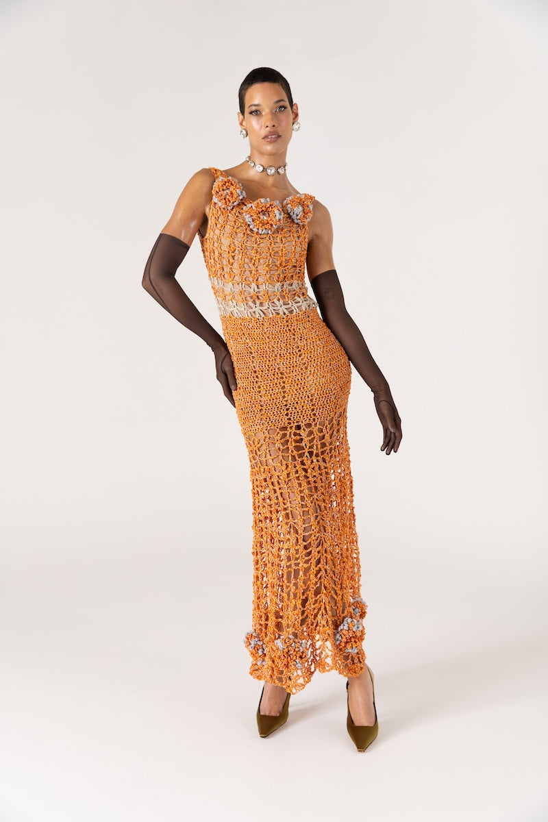 ORANGE CHRYSANTHEMUM HANDMADE MAXI CROCHET DRESS