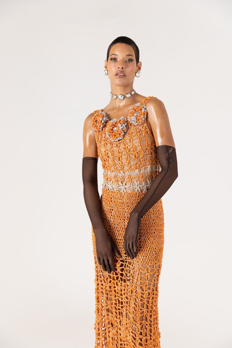 ORANGE CHRYSANTHEMUM HANDMADE MAXI CROCHET DRESS