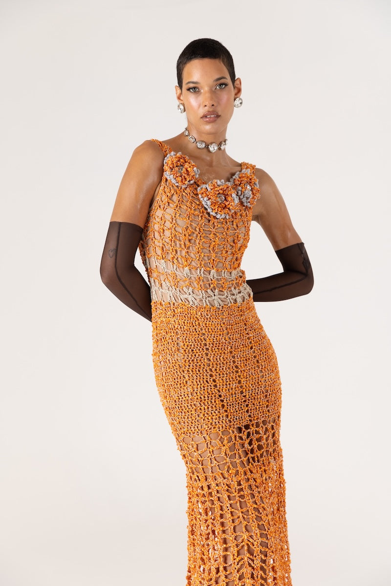 ORANGE CHRYSANTHEMUM HANDMADE MAXI CROCHET DRESS