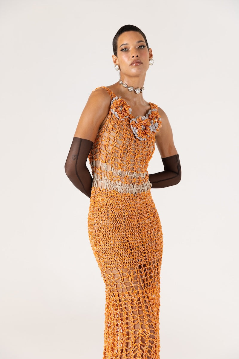 ORANGE CHRYSANTHEMUM HANDMADE MAXI CROCHET DRESS