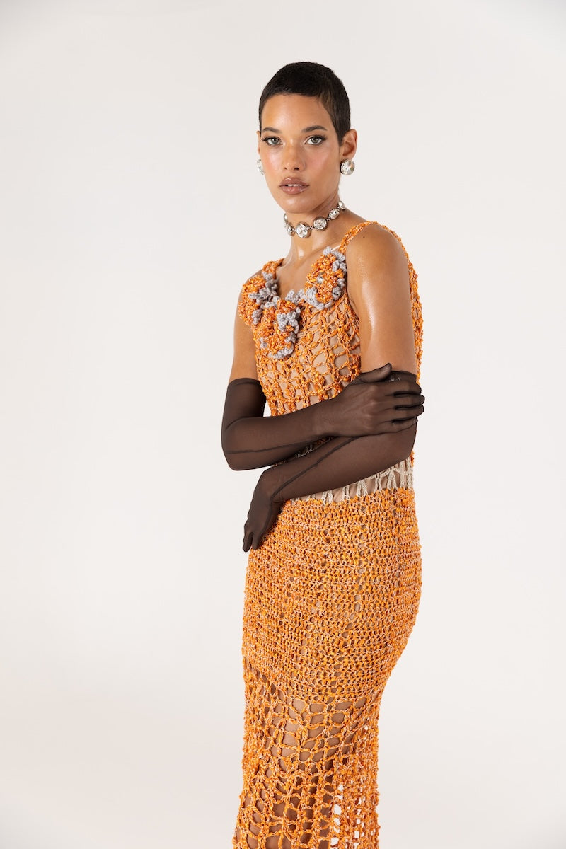 ORANGE CHRYSANTHEMUM HANDMADE MAXI CROCHET DRESS