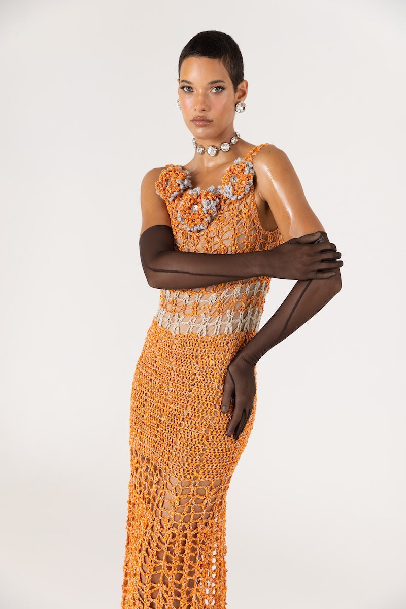 ORANGE CHRYSANTHEMUM HANDMADE MAXI CROCHET DRESS